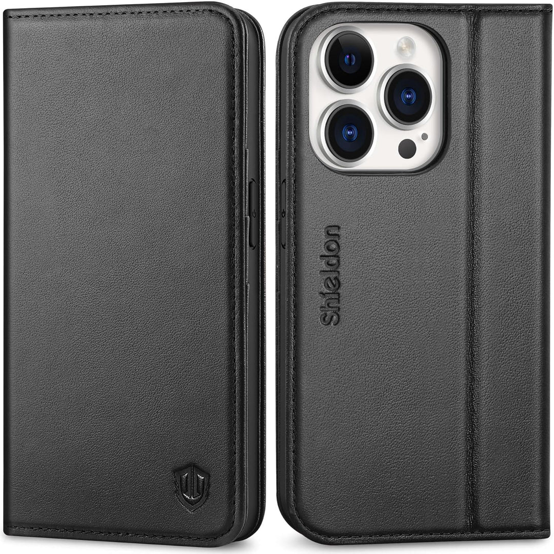 SHIELDON Hülle für iPhone 14 Pro 5G Handyhülle [Echtleder] [Kartenfach] [Magnet] [Standfunktion] [RF