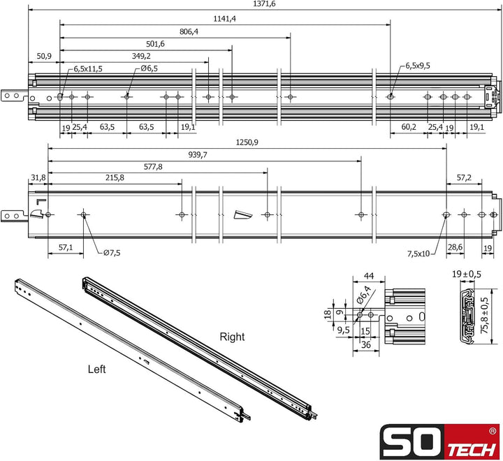 1 Paar SOTECH Schwerlastauszüge VarioSlide KV2-200-H76-L1350-EH 1371,6 mm mit Lock-in/out Einrastfun
