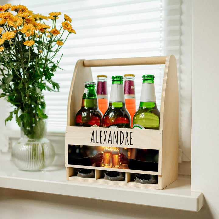 Creative Deco Flaschenträger Holz für 6 Bierflaschen | Personalisierte Geschenke Wunschtext + Foto |