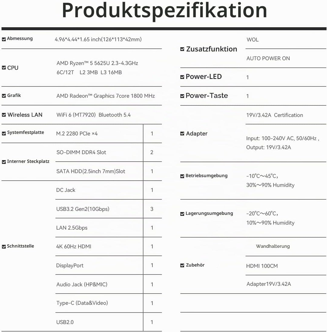 Beelink SER5 Mini PC, AMD Ryzen 5 5500U (6C/12T, 4.0 GHz) Mini Computer, 16 GB RAM DDR4 3200 MHz, 50
