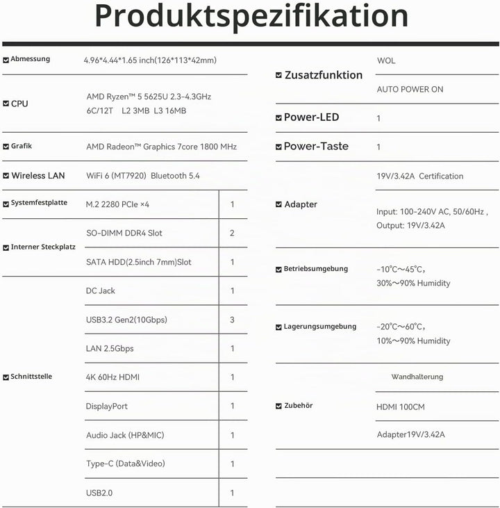 Beelink SER5 Mini PC, AMD Ryzen 5 5500U (6C/12T, 4.0 GHz) Mini Computer, 16 GB RAM DDR4 3200 MHz, 50