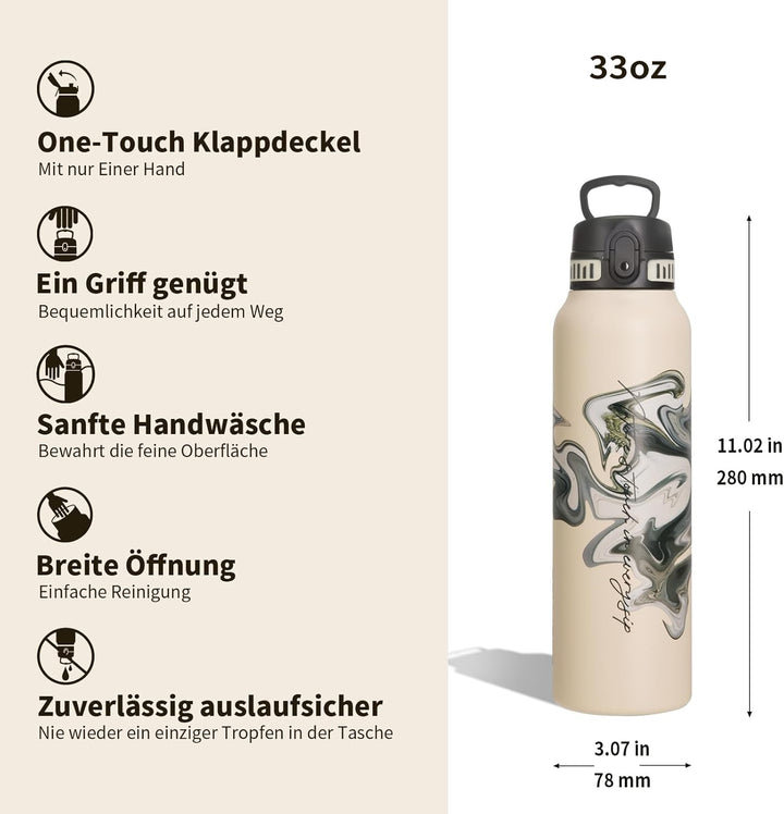 UZSPACE Edelstahl Trinkflasche 1l (970ml), Isolierte Thermosflasche mit 1-Klick-Öffnung, 100% Auslau