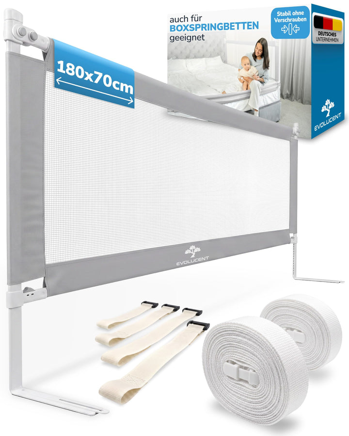 EVOLUCENT Bettgitter 180cm | Stabil ohne Verschrauben | Rausfallschutz für Boxspringbett und Elternb