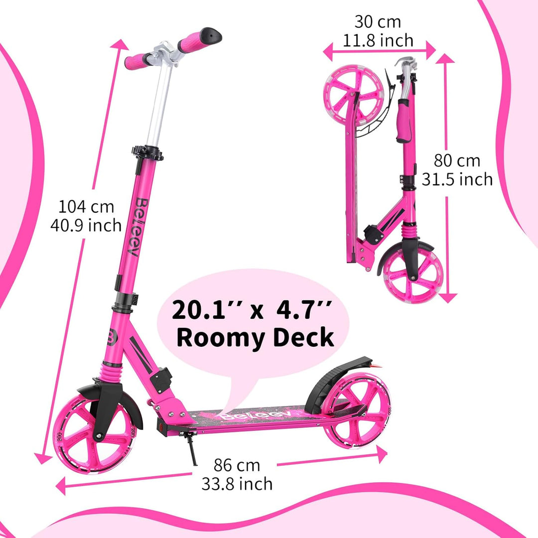 BELEEV V8 Big Wheel Scooter mit LED Leuchtenden Lenksäule &Deck, Höhenverstellbar, ABEC-9, 200mm Räd