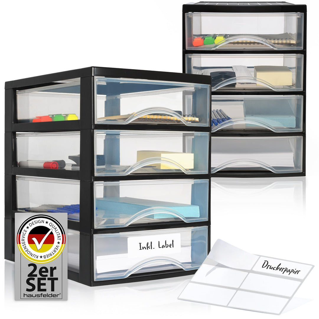 Hausfelder Schubladenbox A4, 2 Organizer mit jeweils 4 Schubladen inkl Aufkleber (A4, 2 Stk. mit 4 S