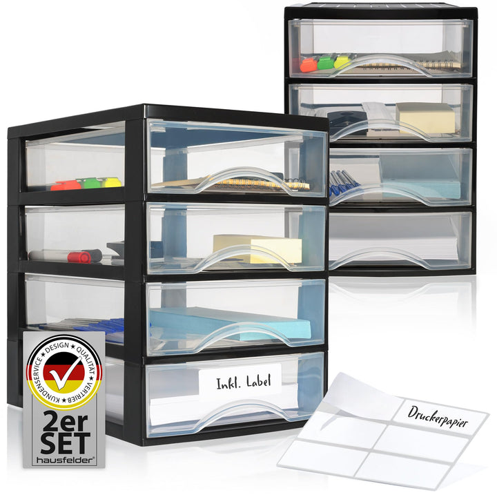 Hausfelder Schubladenbox A4, 2 Organizer mit jeweils 4 Schubladen inkl Aufkleber (A4, 2 Stk. mit 4 S