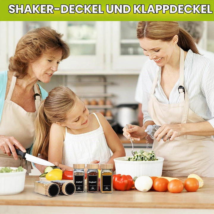 Gewürzgläser Eckig 24er Set 120ml, Gewürzdosen mit Streueinsatz, luftdichtem Schraubdeckel, Inkl. Tr