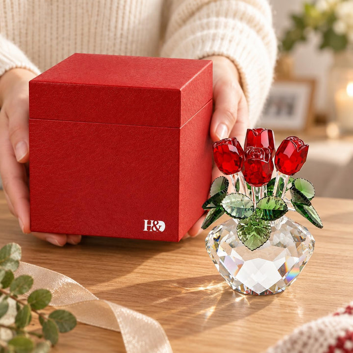 H&amp;D Deko-Blumenstrauss aus Kristallglas rote Rosen mit Geschenkbox, Rot