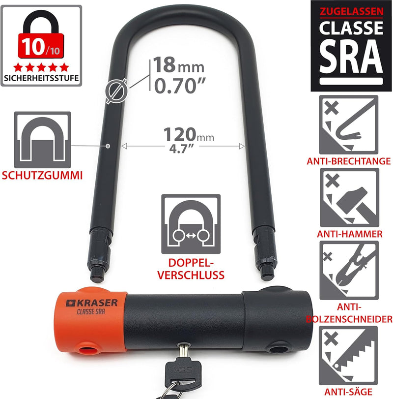 KRASER KR120L Solid U Vorhängeschloss SRA-geprüftes Motorradschloss Diebstahlschutz Motorrad Sicherh