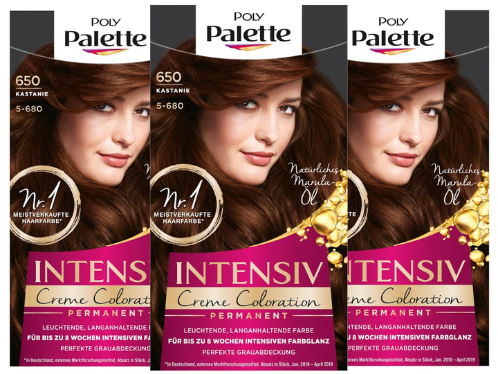 SCHWARZKOPF POLY PALETTE Intensiv Creme Coloration, Haarfarbe 650/5-680 Kastanie, 3er Pack (3 x 128