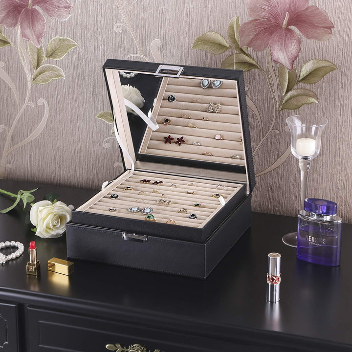 BEWISHOME Ring-Organizer und Ohrring-Box-Halter – 11 Ringschlitze, 25 Ohrringfächer, grosser Spiegel