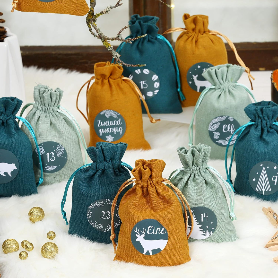 Papierdrachen 24 Adventskalender Stoffsäckchen zum Befüllen - mit Zahlenaufklebern von 1-24 - Stoffb