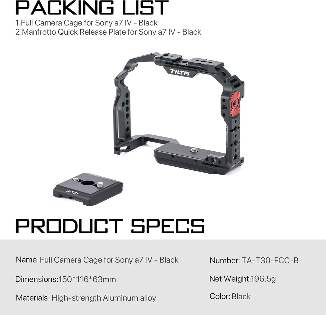 Tilta Full Camera Cage Kompatibel mit Sony a7 IV Video Movie Filmmaking Rig,mit Manfrotto Schnellwec