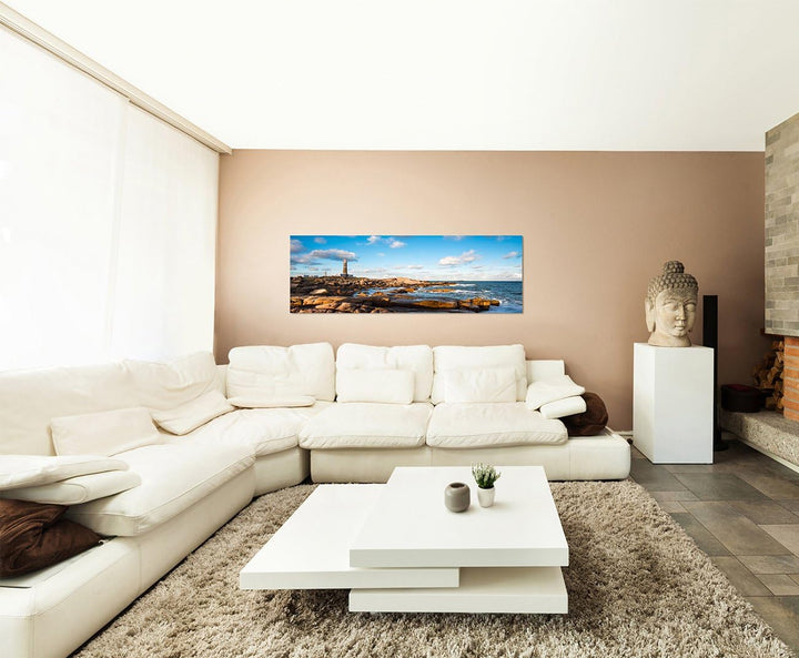 Paul Sinus Art Panoramabild auf Leinwand und Keilrahmen 150x50cm Uruguay Meer Küste Felsen Leuchttur