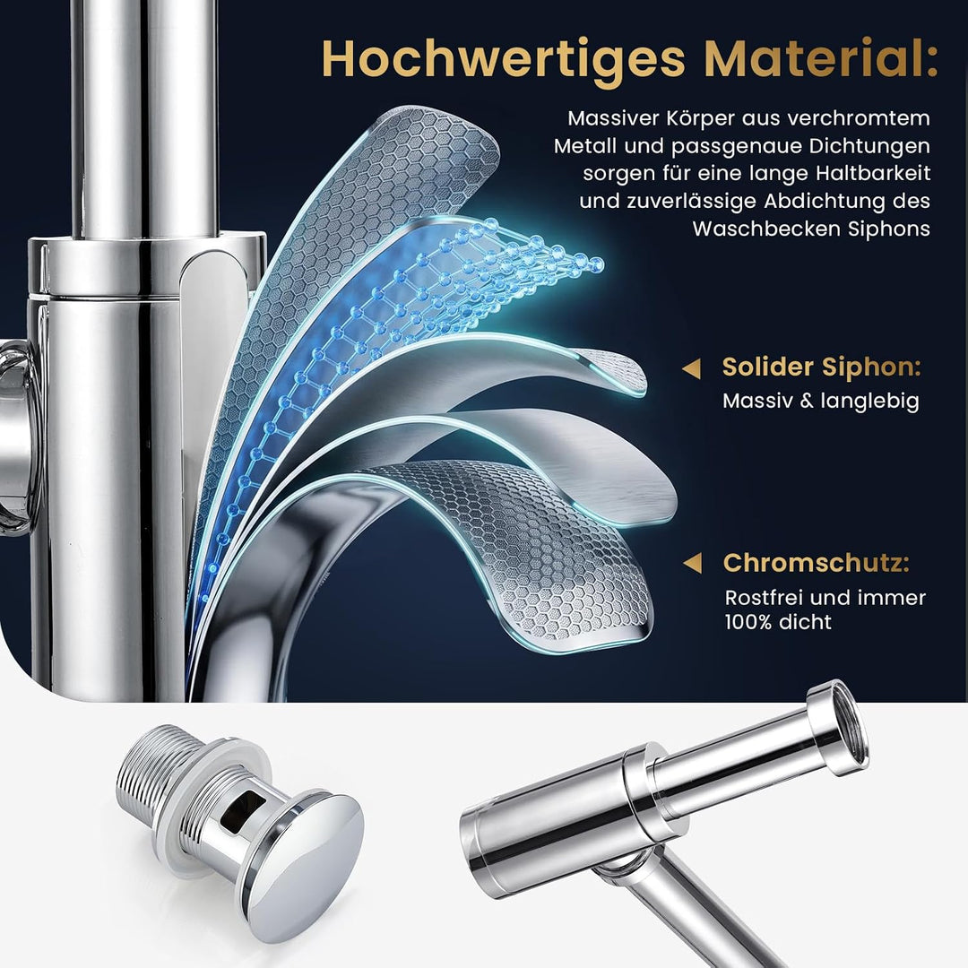 Wasserrhythm Universal Siphon mit Ablaufgarnitur für Waschbecken und Waschschalen mit Überlauf, Chro