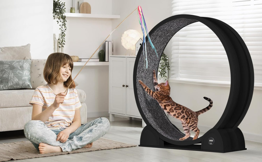 Katzenlaufrad, 114cm Laufrad mit Schrittzähler &amp; Kratzbrett für Indoor-Katze, Super Leise Laufband m