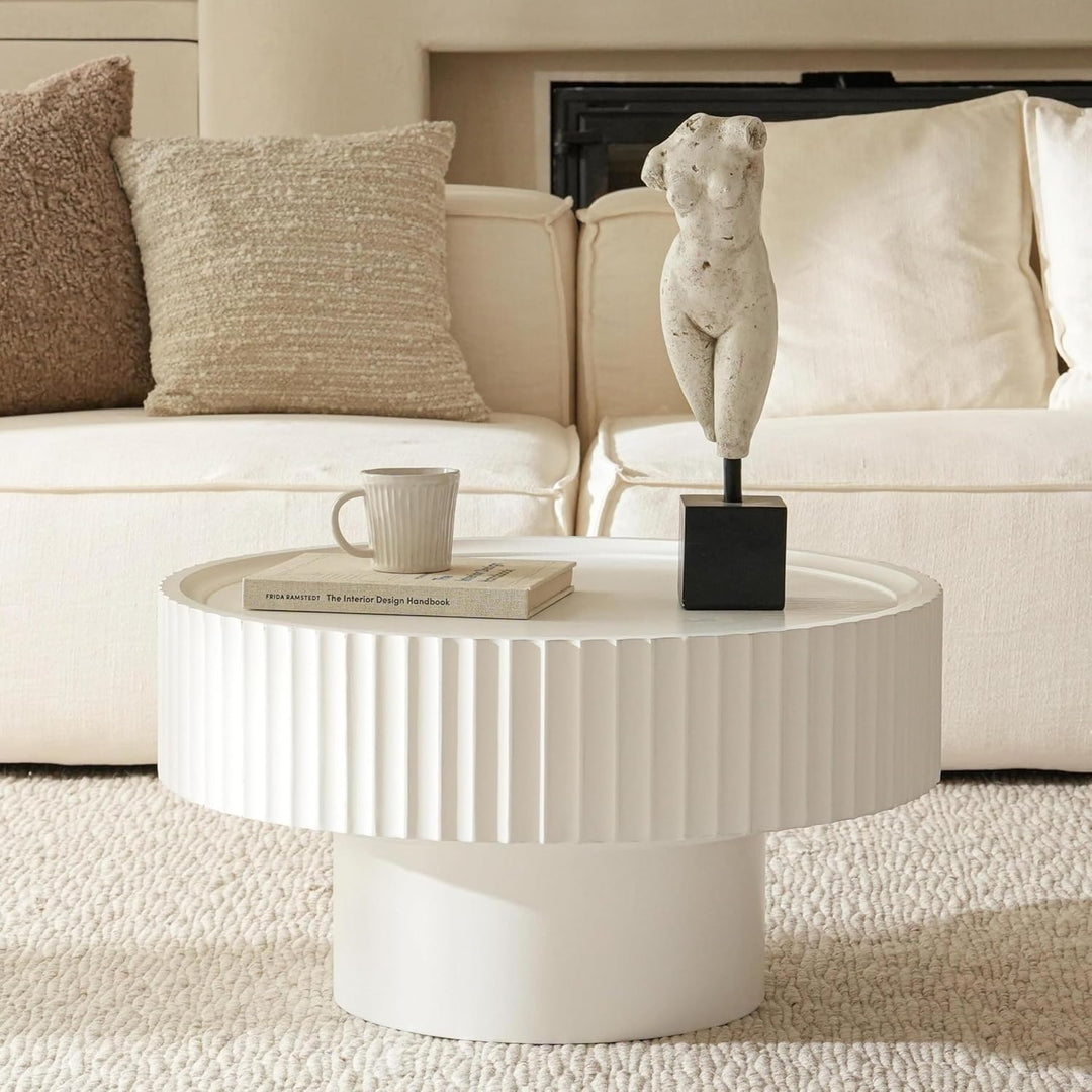 Couchtisch Rund Holz, Wohnzimmertisch Rund mit Geriffeltem Design, Coffee Table in Pilzform mit Den
