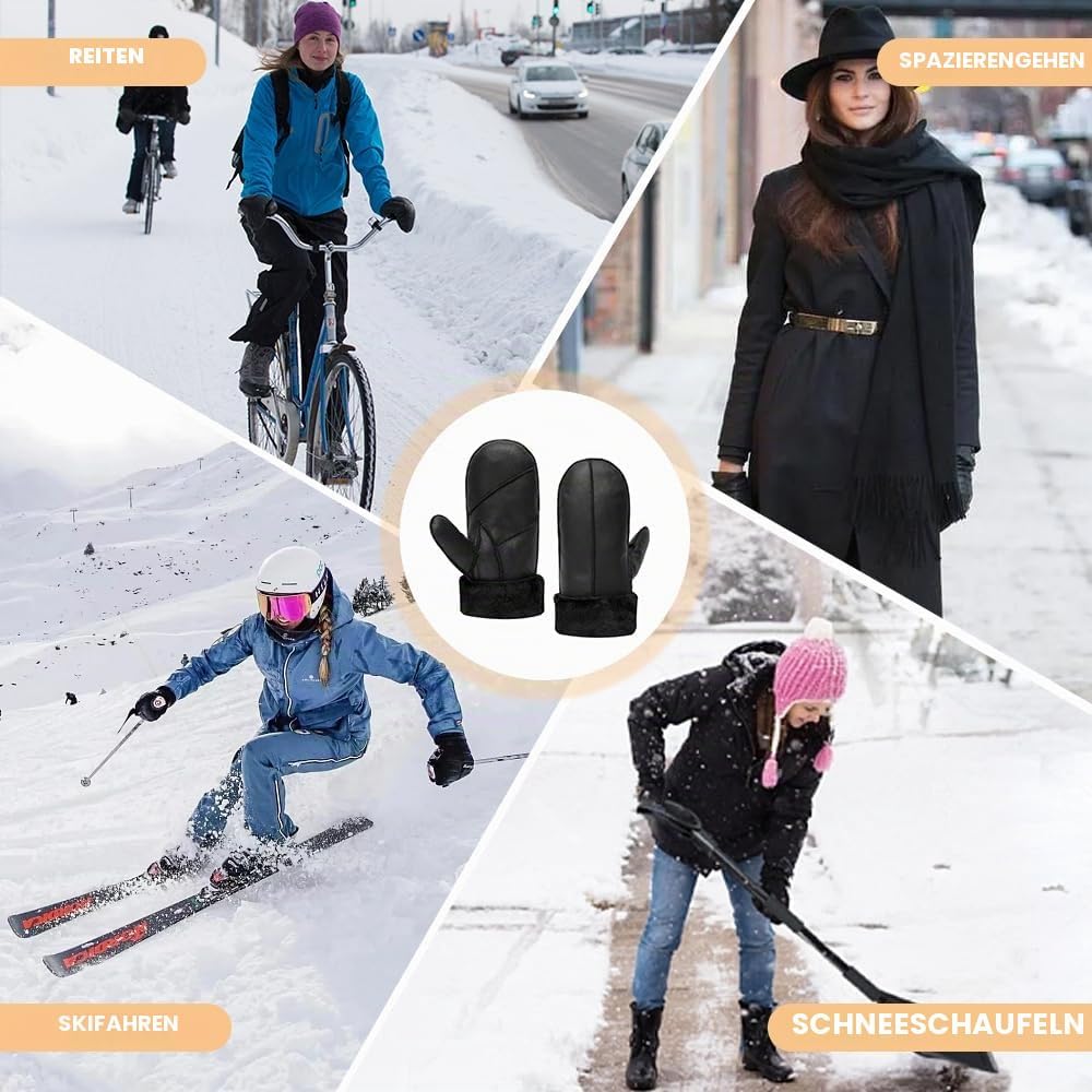 MGGMOKAY Damen Lammfell Shearling Fäustlinge Warme Winter Lederhandschuhe XS Schwarz, XS Schwarz