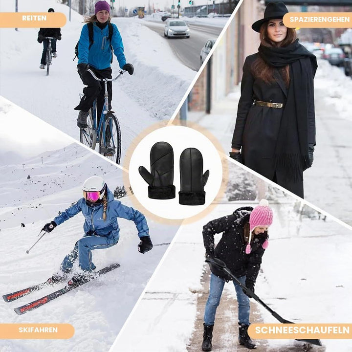 MGGMOKAY Damen Lammfell Shearling Fäustlinge Warme Winter Lederhandschuhe XS Schwarz, XS Schwarz