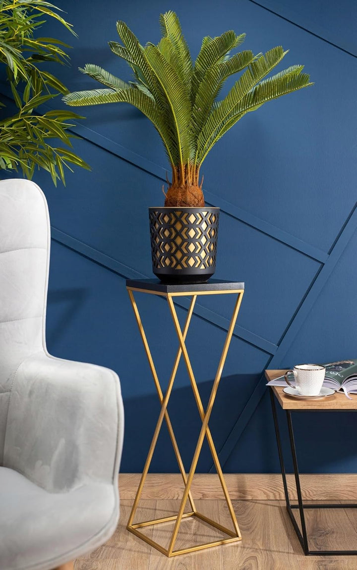 Pflanzenständer Metall 70 cm Hoch - Stabiler und Fester Blumenhocker mit Schwarz MDF-Platte auf Gold