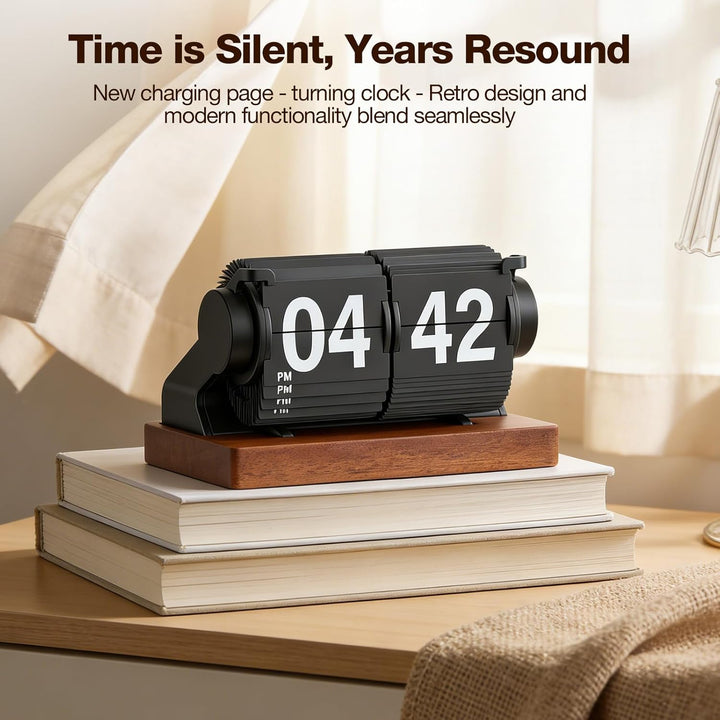 Retro-Flip-Uhr, Vintage Digitale Klappuhr, Retro Uhr mit Holzsockel, automatisches Drehen, batterieb