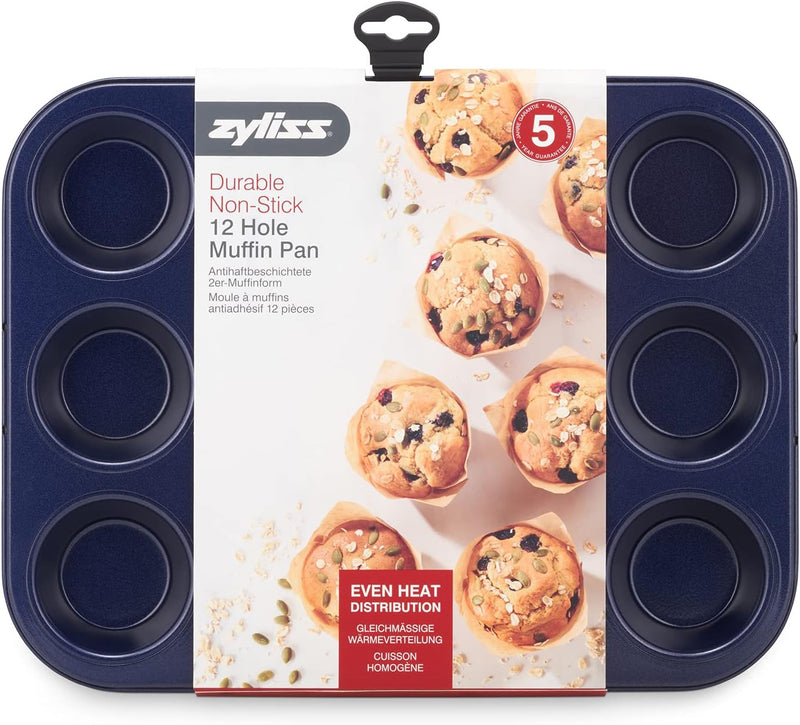 Zyliss E980200 Muffinform, Antihaftbeschichtung, Carbonstahl, Dunkelblau, Blech für 12 Muffins, Muff