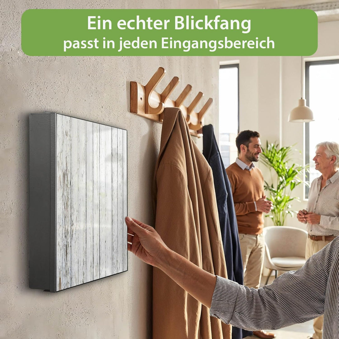 banjado® Grosser Schlüsselkasten Glas/Schlüsselbox 30cm x 30cm mit 50 Haken - Motiv Weisser Holzzaun