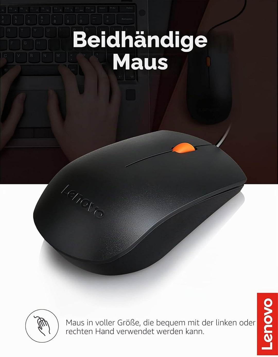 Lenovo 300 USB Combo, Full-Size Wired Tastatur & Maus, Ergonomische, Links- oder Rechtshänder, Optis