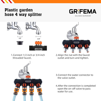 GRIFEMA 4-Wege-Verteiler, 3/4 Zoll und 1/2 Zoll Wasseranschluss Verteiler, 4 Geräte Können Gleichzei