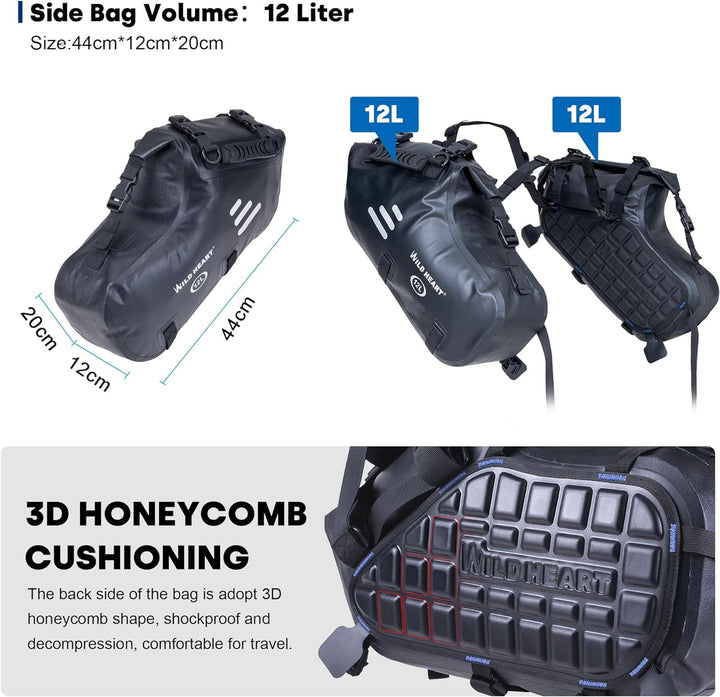 WILD HEART Motorrad Satteltaschen Wasserdicht 24L(12L*2) Motorrad Seitentaschen Packtaschen Kofferra
