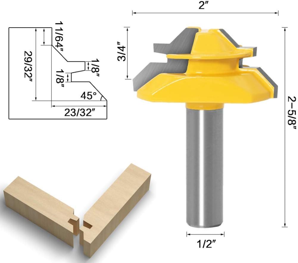 45 Grad Lock Mitre Router Bit, APLUS Holzfräser, Nutfräser + 1/2 12,7 mm Schaft Zungenschaft und Nut