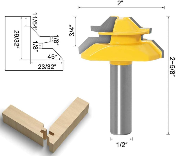45 Grad Lock Mitre Router Bit, APLUS Holzfräser, Nutfräser + 1/2 12,7 mm Schaft Zungenschaft und Nut