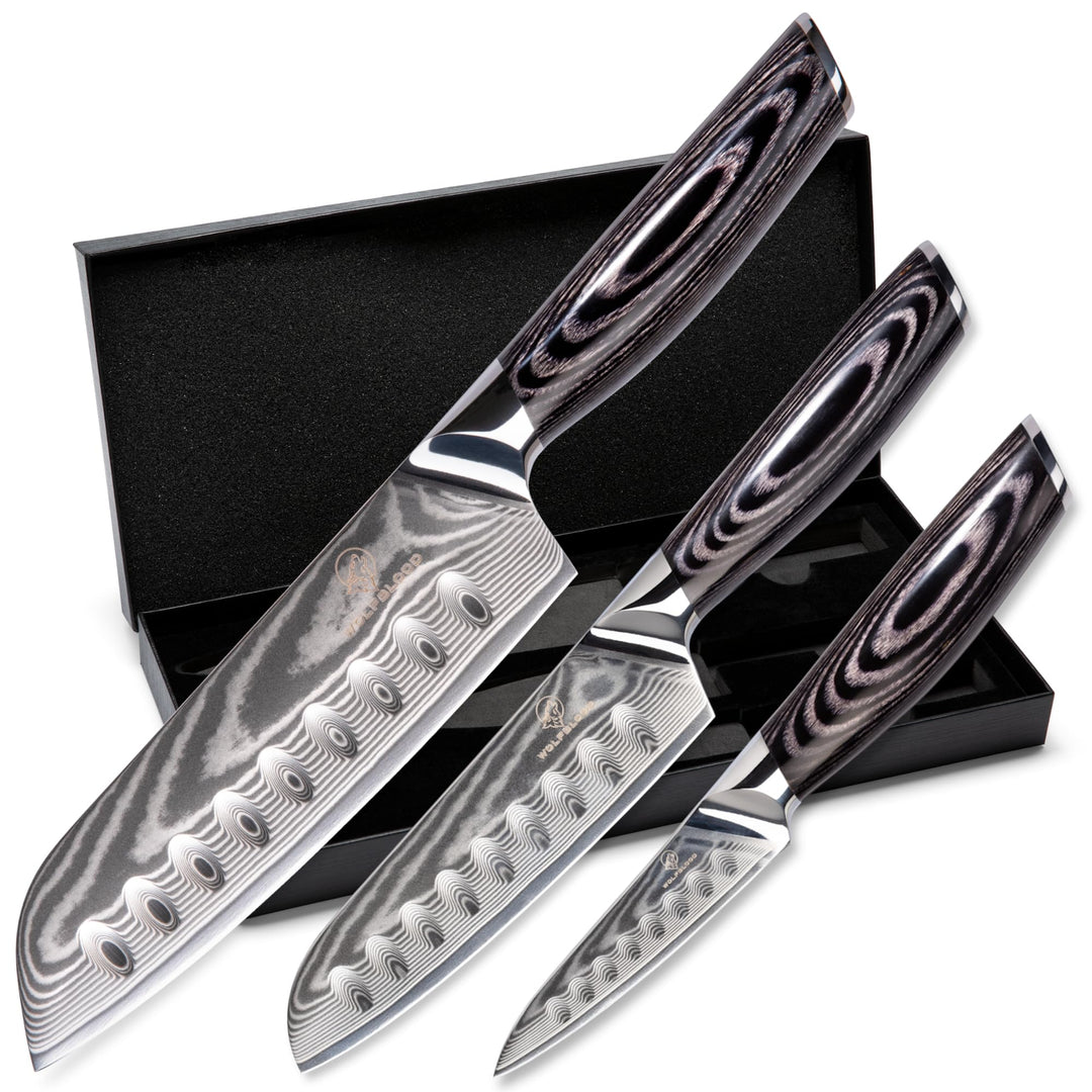Wolfblood PRO 3er Santoku Damastmesser Set XL (31, 23 und 19cm) TÜV geprüfter 62 HRC Damaststahl aus