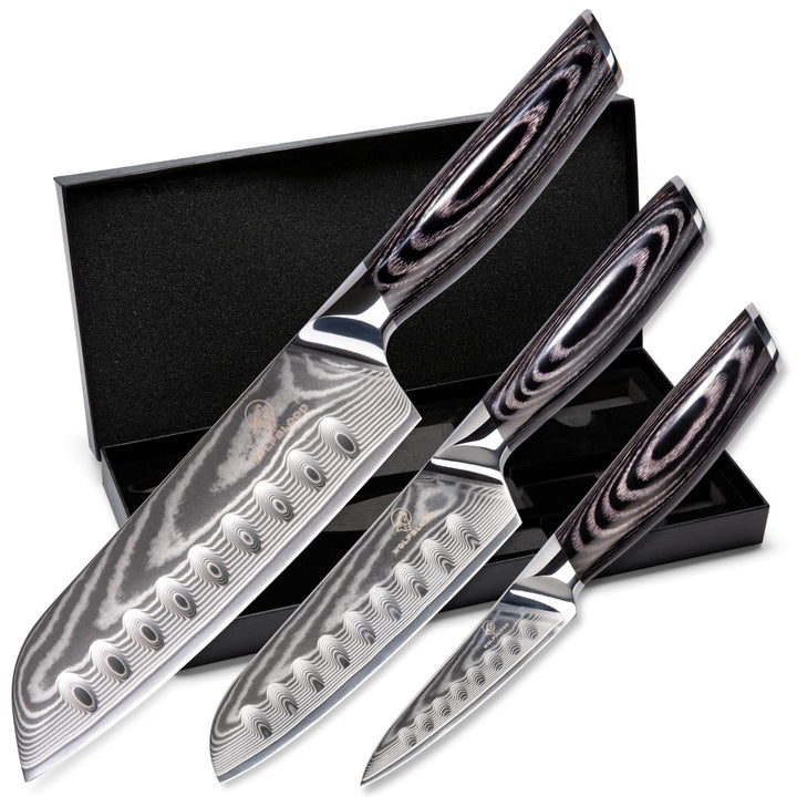 Wolfblood PRO 3er Santoku Damastmesser Set XL (31, 23 und 19cm) TÜV geprüfter 62 HRC Damaststahl aus