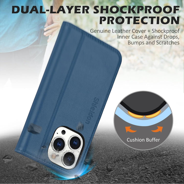 SHIELDON Hülle für iPhone 15 Pro, Schutzhülle [Rindsleder] [Stossfest] [Standfunktion] [Kartenfach]