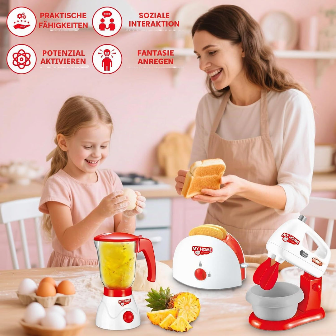 deAO Küchen-Set mit Mixer, Standmixer, Toaster und anderem Küchenzubehör, Spielküche Spielset für Ki