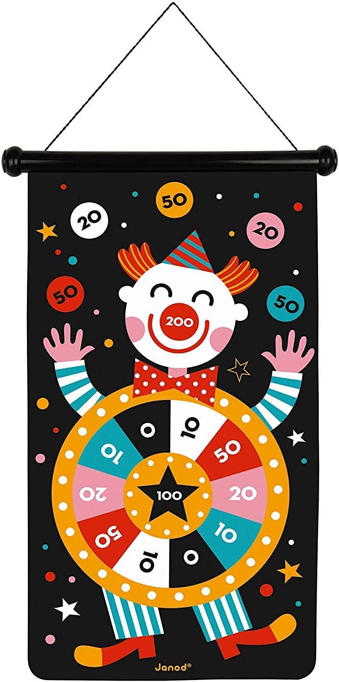 Janod - Magnetisches Dartspiel mit Zirkus-Motiv, doppelseitig, Geschicklichkeitsspiel, zum Erlernen