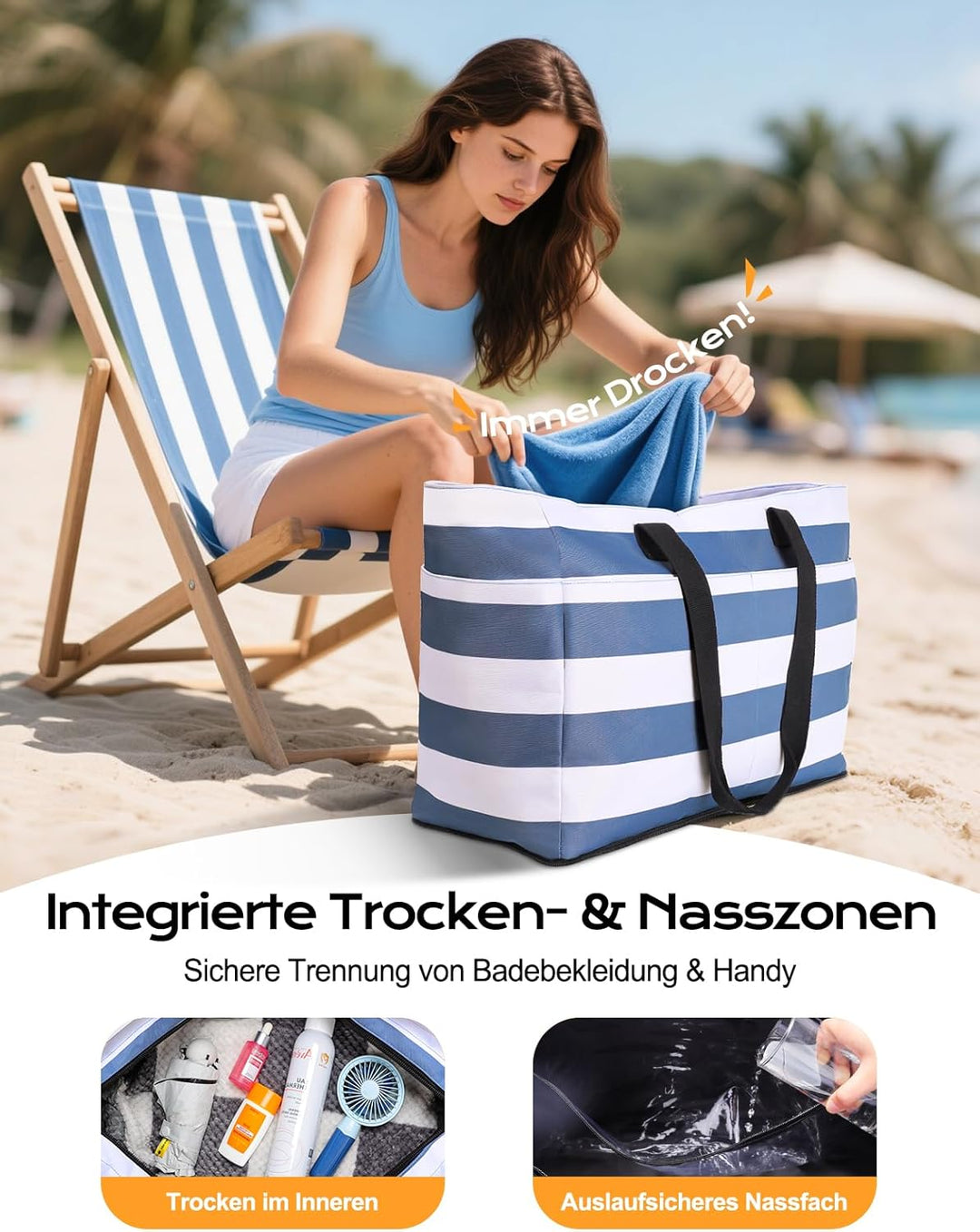 CIRYCASE Strandtasche XXL Familie mit Kühlfach, 54L Grosse Badetasche Strandtasche mit Reissverschlu