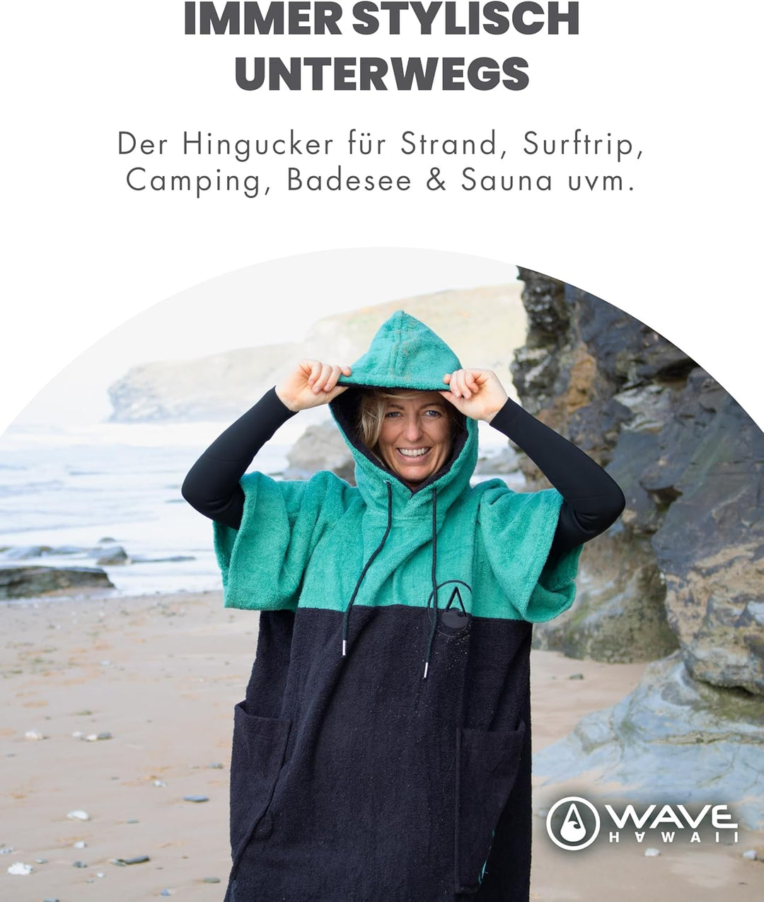 WAVE HAWAII Poncho Move Surfponcho 100% Baumwolle für Körpergrössen von 170-200 cm Umkleidehilfe für