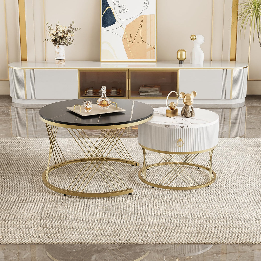 Merax Couchtisch 2er-Set, 70x70 cm+50x50 cm, Marmoroptik mit Golddekor, Beistelltisch mit Schubladen