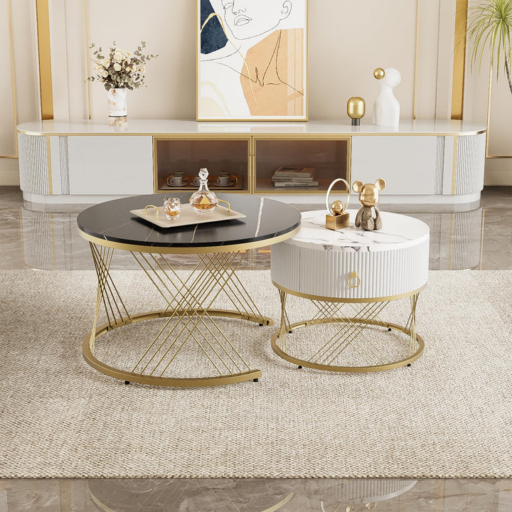 Merax Couchtisch 2er-Set, 70x70 cm+50x50 cm, Marmoroptik mit Golddekor, Beistelltisch mit Schubladen