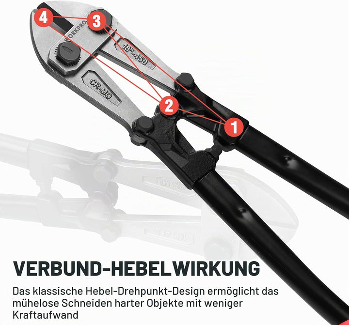 WORKPRO Bolzenschneider, Bi-Material-Griff mit weichem Gummigriff, 45,7 cm, Chrom-Molybdän-Stahlklin