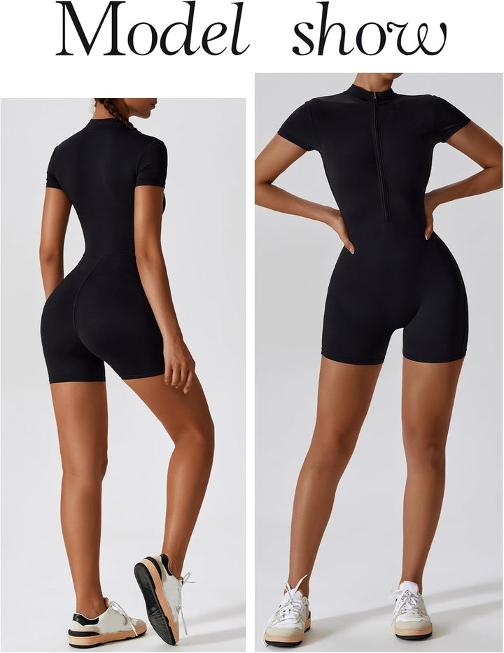 AIEOE Sport Jumpsuit Damen Kurz Eng Yoga Langarm One Piece mit Kragen Reissverschluss Bodysuit Plays