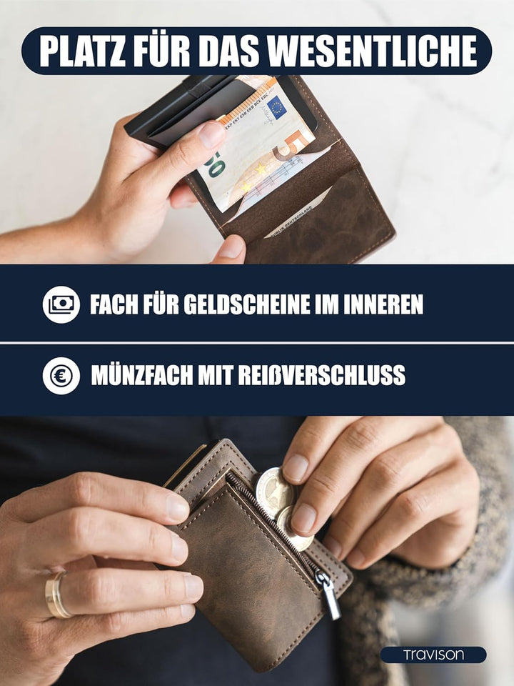 Travison® SMART Wallet mit Münzfach und Geldscheinfach - Kartenetui mit Münzfach und Schnellzugriff