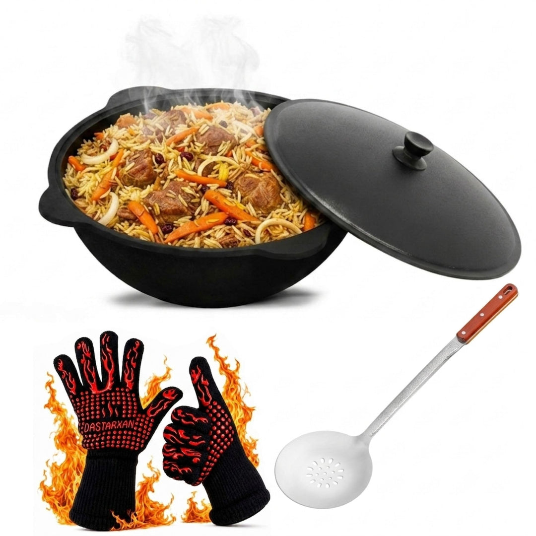 BIG-PAN Kasan Gusseisen 12L mit Aluminium Deckel Flacher Boden Schaumkelle Lagan handbemalt Original