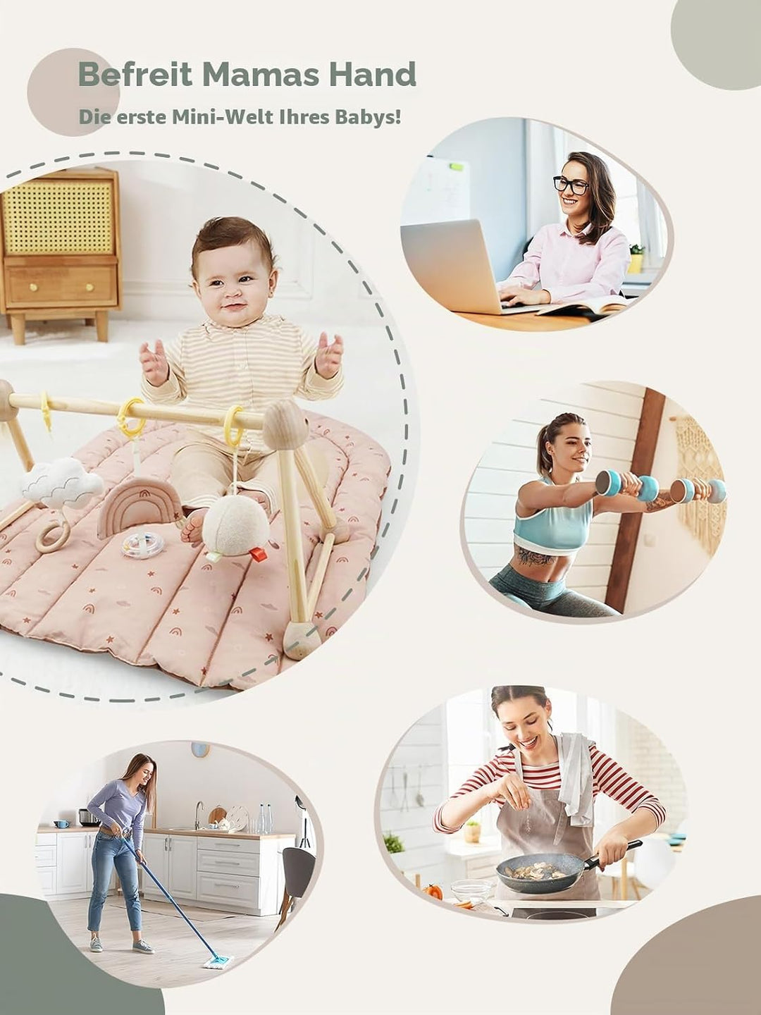 4 IN 1 Spielbogen Baby, Spielmatte Babies mit Natur Holz Activity Spielbogen, 3 abnehmbaren Spielzeu