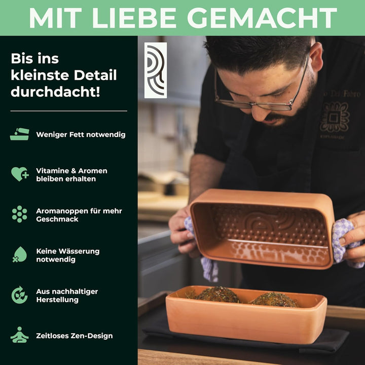 myromy® Brick BBQ Mini-Bräter aus Keramik – Grillstein & Grillplatte, Schmortopf mit Aroma-Noppen –