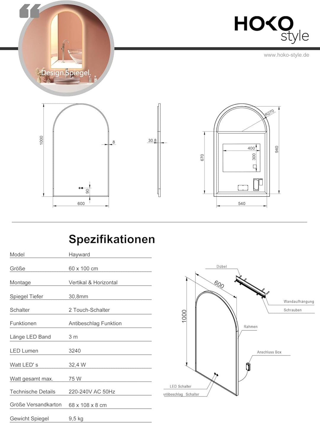 HOKO LED Badspiegel Bogen Beschlagfrei 60x100 cm / 100x60 cm Hayward mit Goldener Metallrahmen, HOCH
