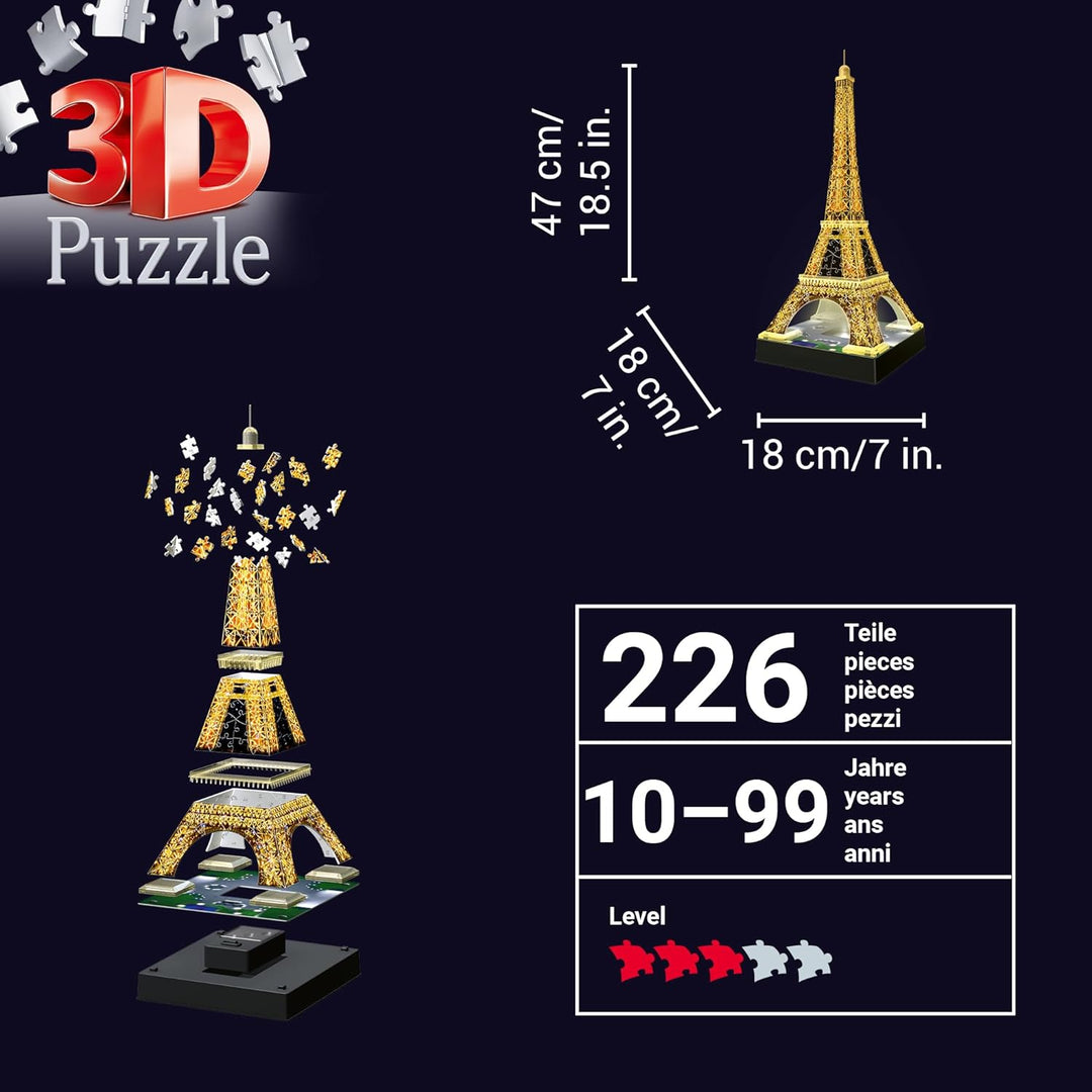Ravensburger 3D Puzzle Eiffelturm in Paris bei Nacht 12579 - leuchtet im Dunkeln - 216 Teile - ab 10
