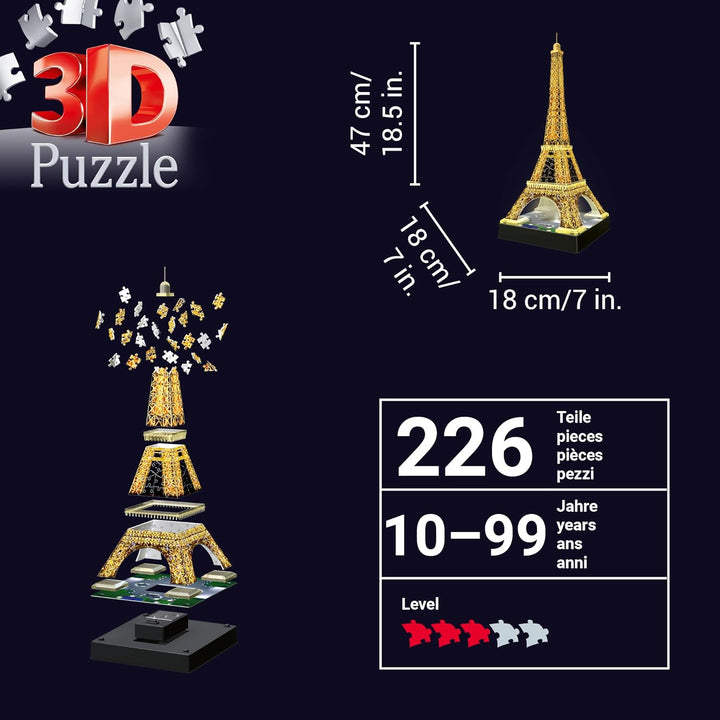 Ravensburger 3D Puzzle Eiffelturm in Paris bei Nacht 12579 - leuchtet im Dunkeln - 216 Teile - ab 10